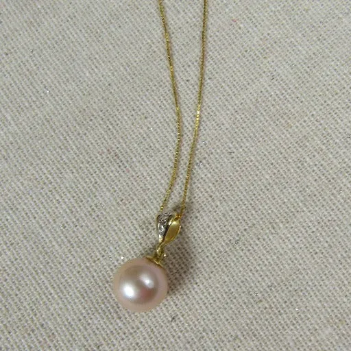 Pearl Pendant Necklace Round AA  Pearl 14K Gold Chain