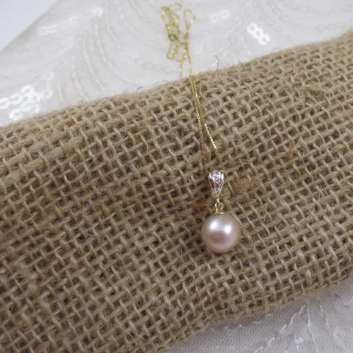 Pearl Pendant Necklace Round AA  Pearl 14K Gold Chain