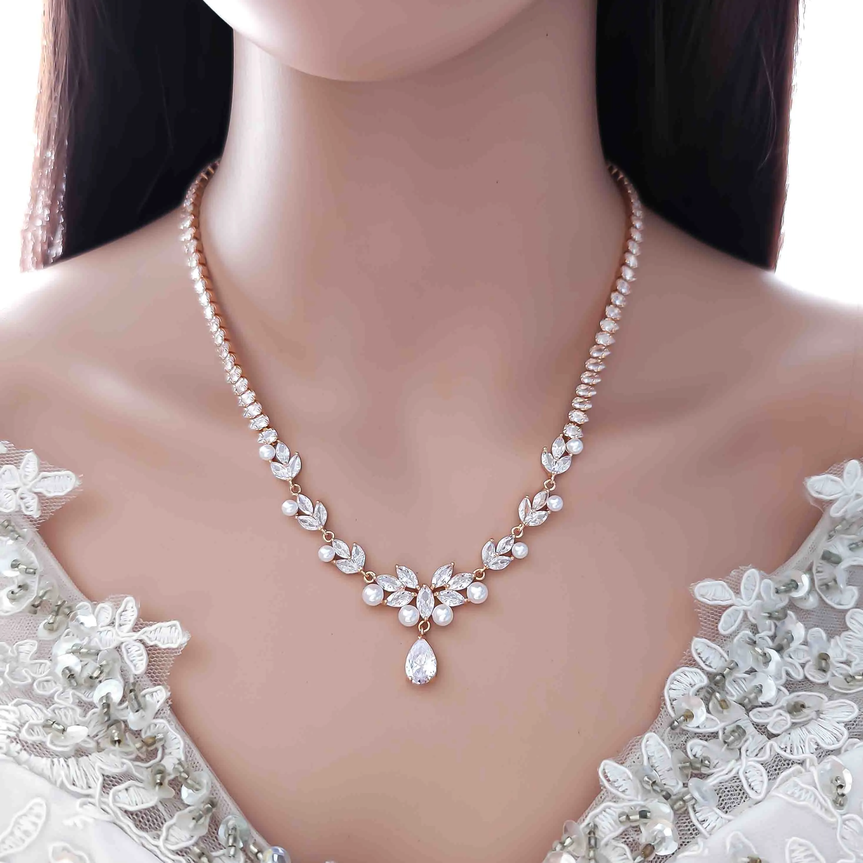 Pearl Wedding Jewelry Set of Necklace and Earrings-Jenna