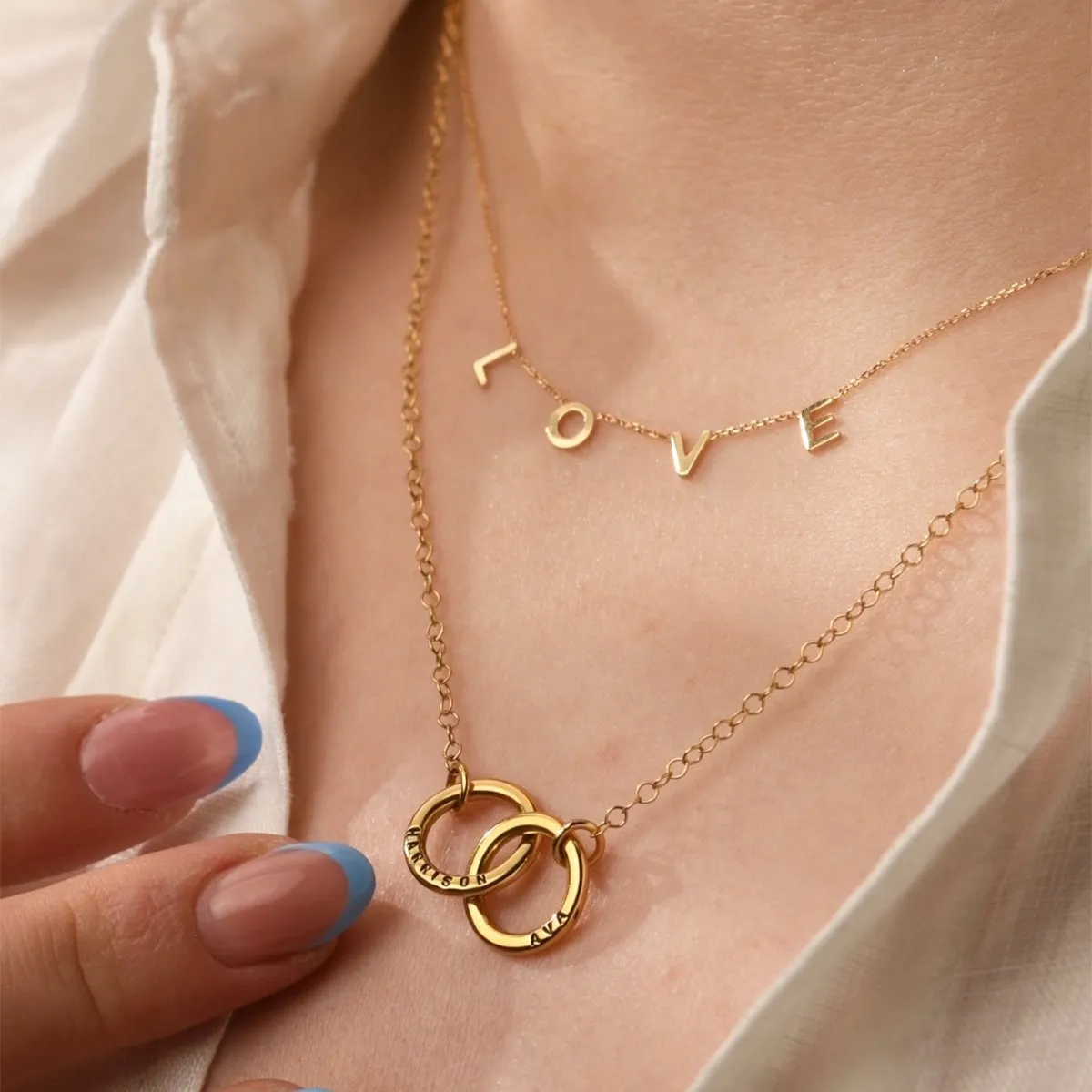 Personalised 9ct Gold Double Hoop Names Necklace