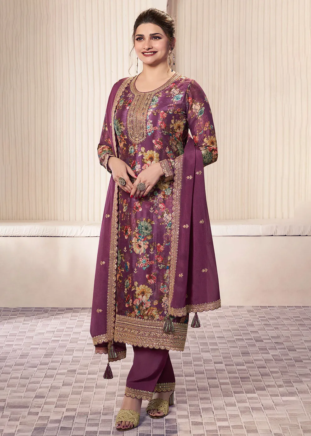 Purple Digital Printed Chinnon Pakistani Style Suit