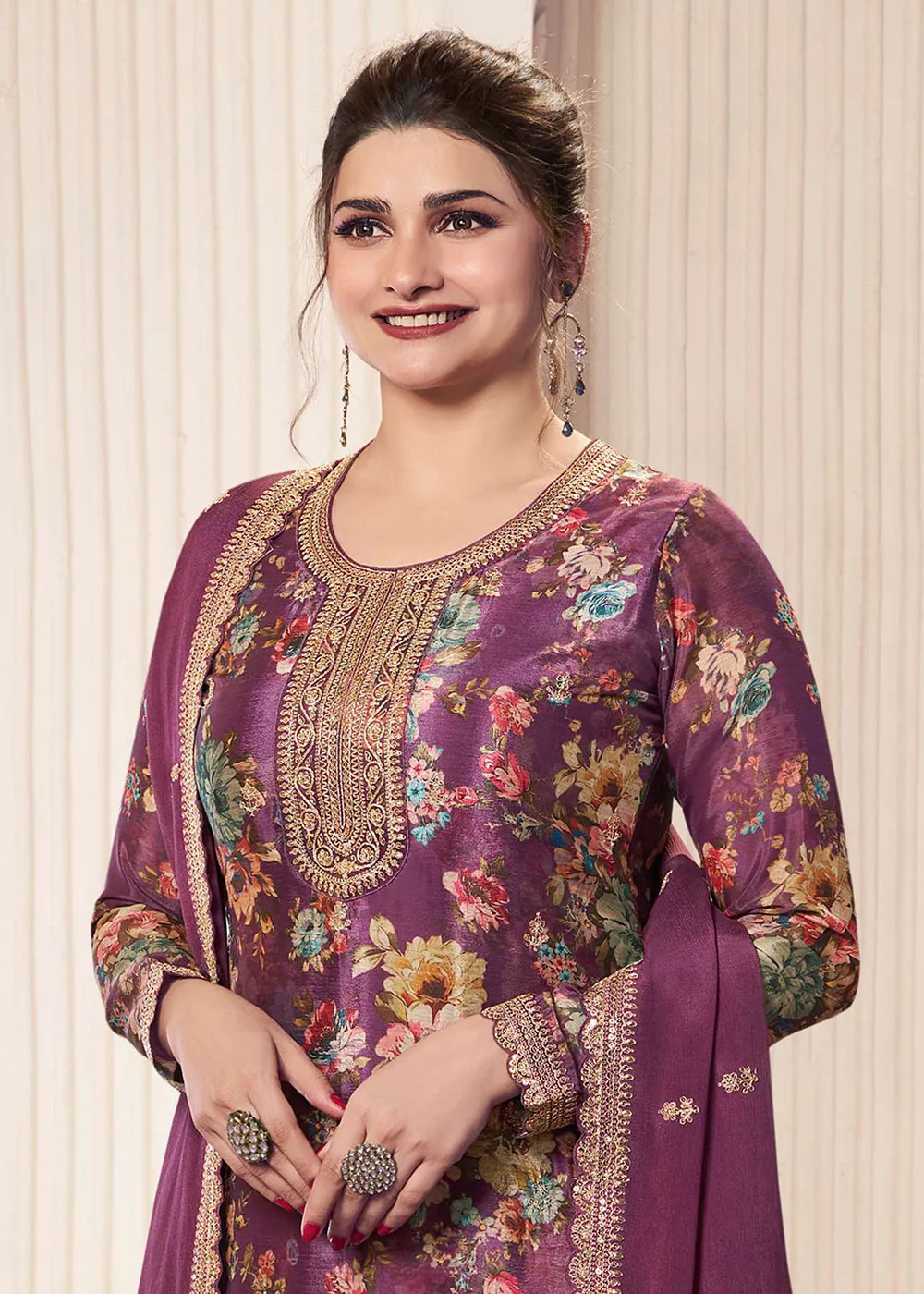 Purple Digital Printed Chinnon Pakistani Style Suit