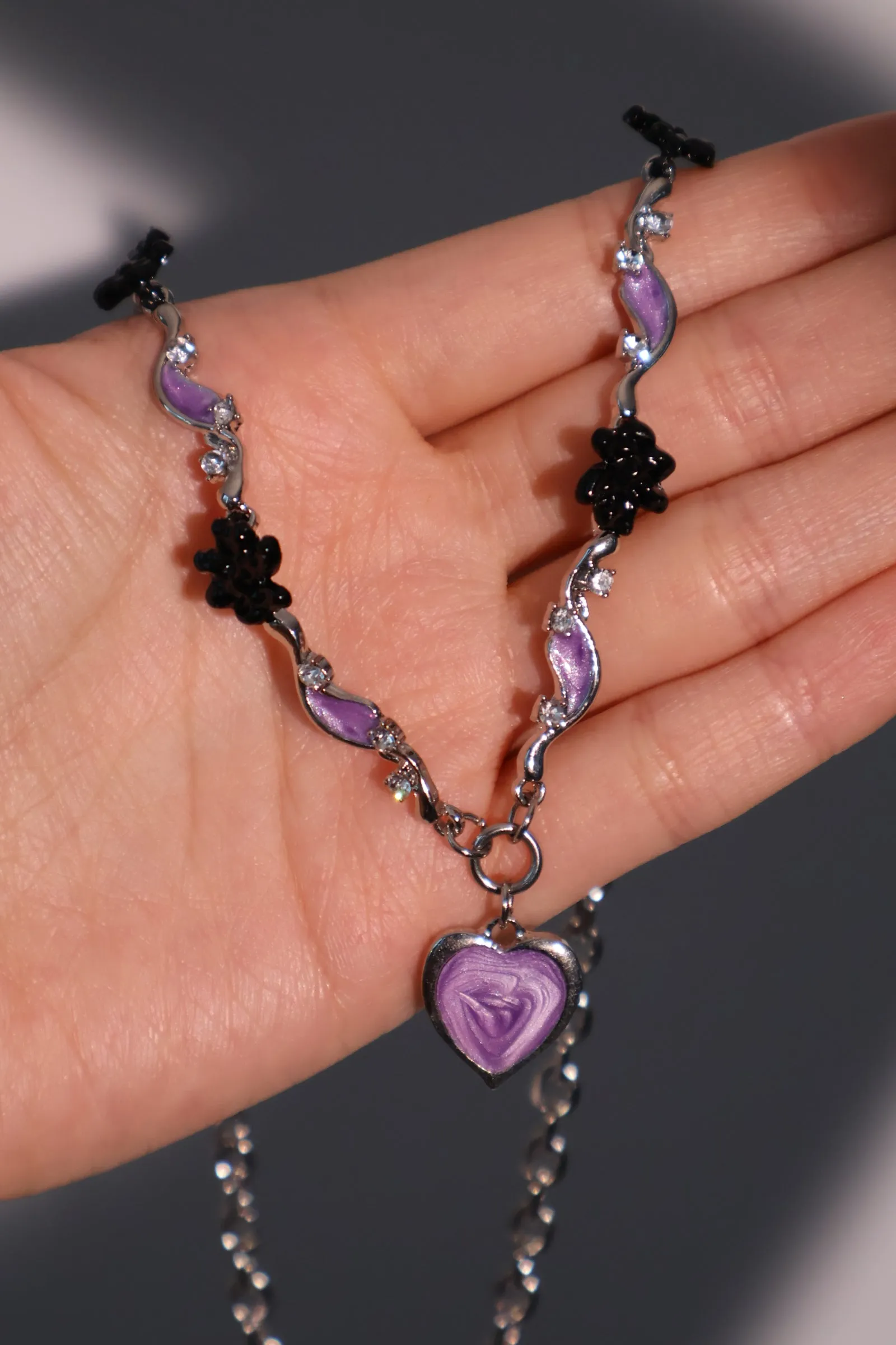 Purple Heart Multi Black Flower Necklace