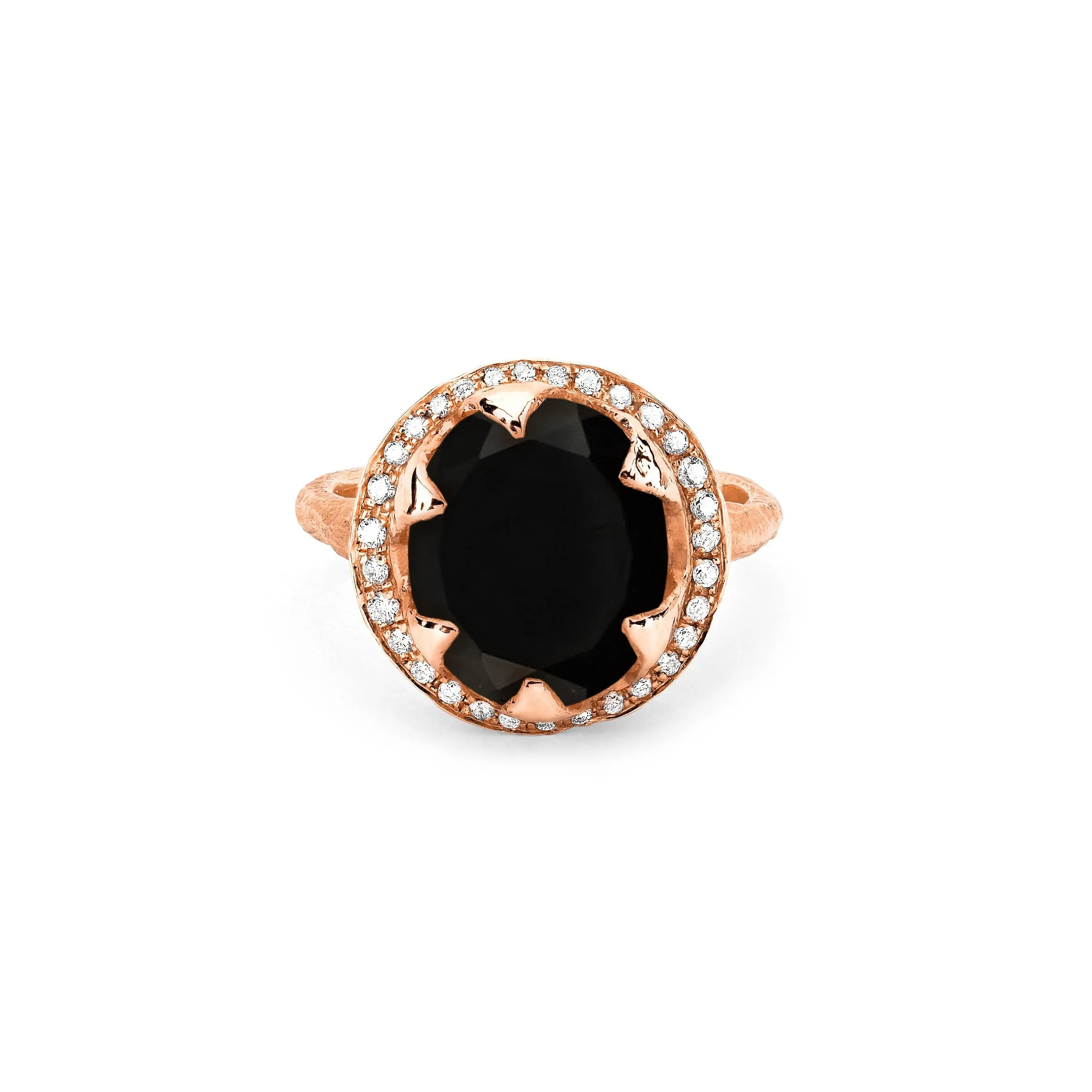 Queen Oval Onyx Ring with Full Pavé Diamond Halo