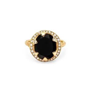 Queen Oval Onyx Ring with Full Pavé Diamond Halo