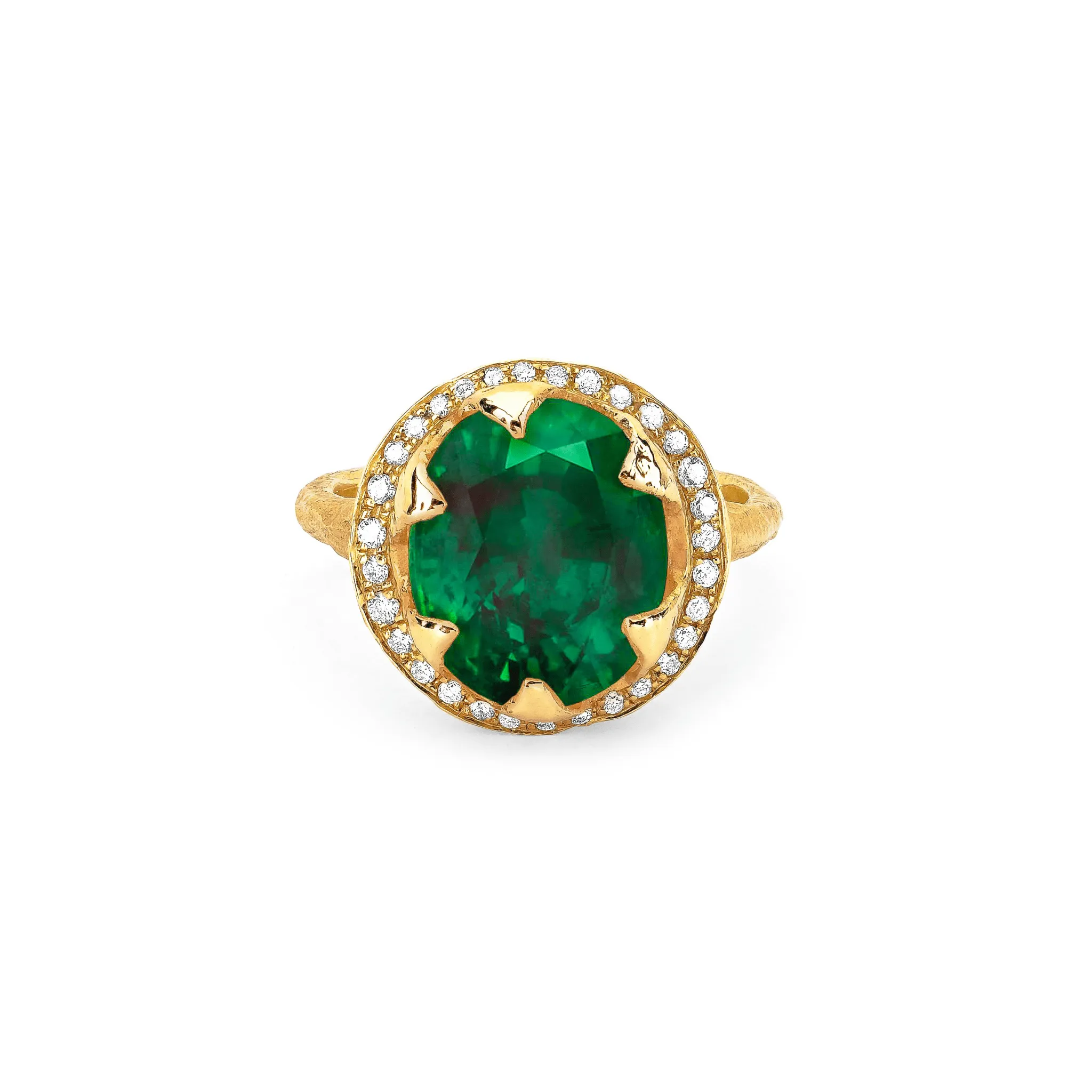 Queen Oval Zambian Emerald Ring with Full Pavé Diamond Halo