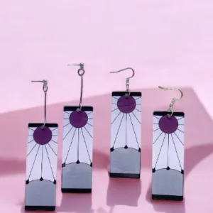 Quirky - Silver rectangle shaped earrings with sun ray| japanese anime dangle earrings | oriental decor drop earrings| cute kawaii | demon slayer