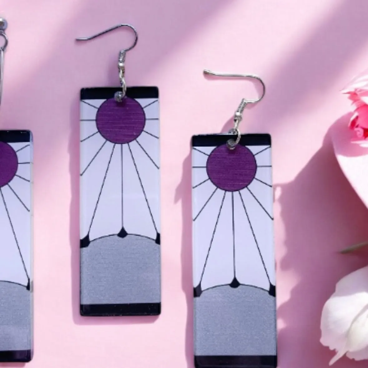 Quirky - Silver rectangle shaped earrings with sun ray| japanese anime dangle earrings | oriental decor drop earrings| cute kawaii | demon slayer