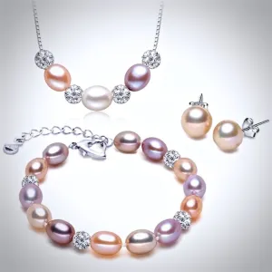 "Violet" - Sterling Silver and Natural Pearl 3-Piece Bridal Jewelry Set - More Colors