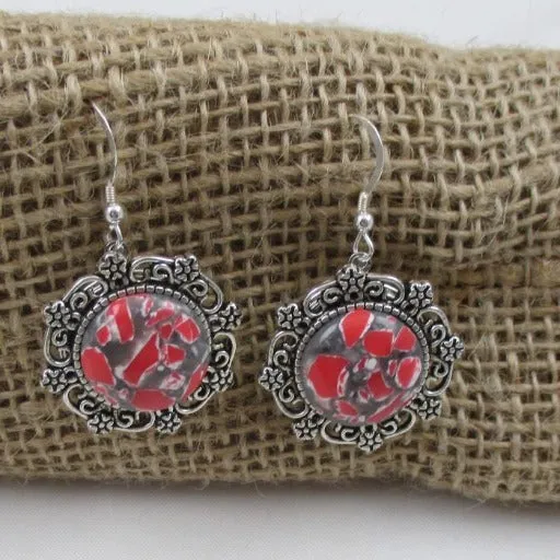 Red & Grey Drop Silver Earrings