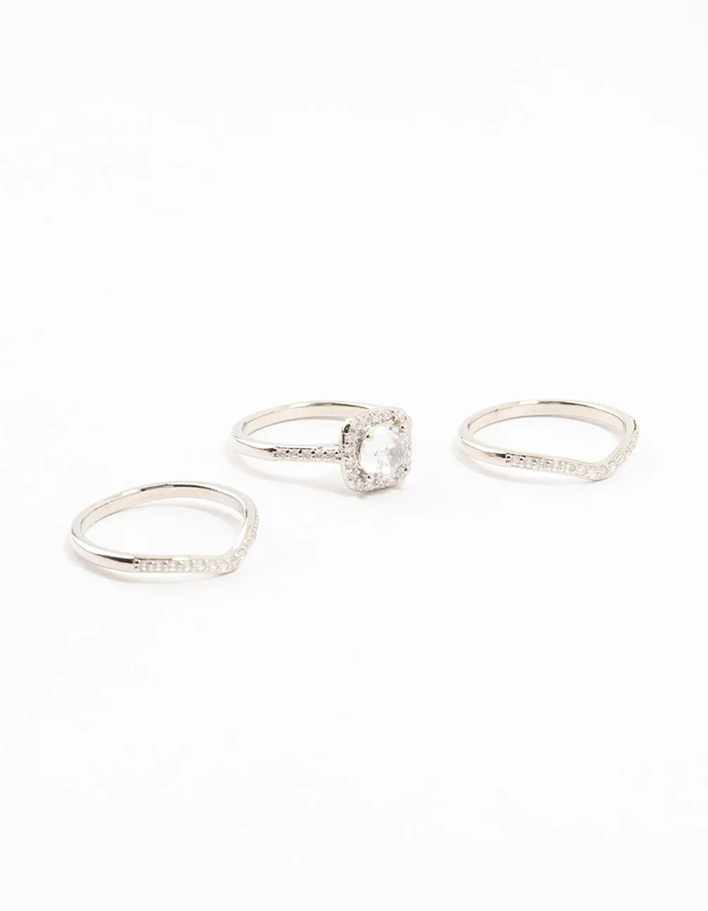 Rhodium Pointed & Halo Rings 3-Pack