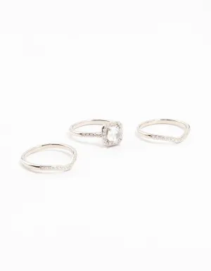 Rhodium Pointed & Halo Rings 3-Pack