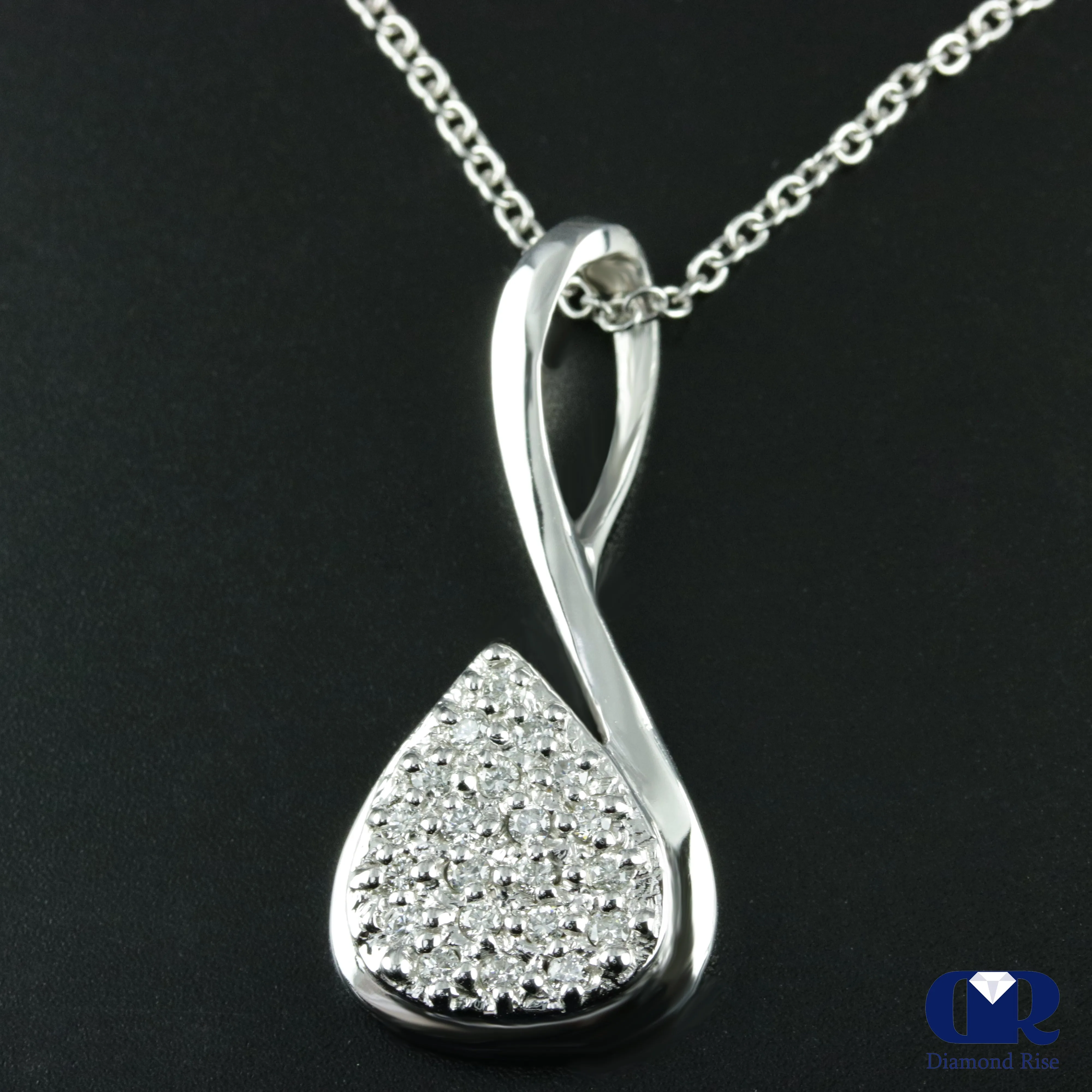 Round Cut Diamond Pear Shaped Twist Pendant Necklace 14K White Gold With 16" Chain