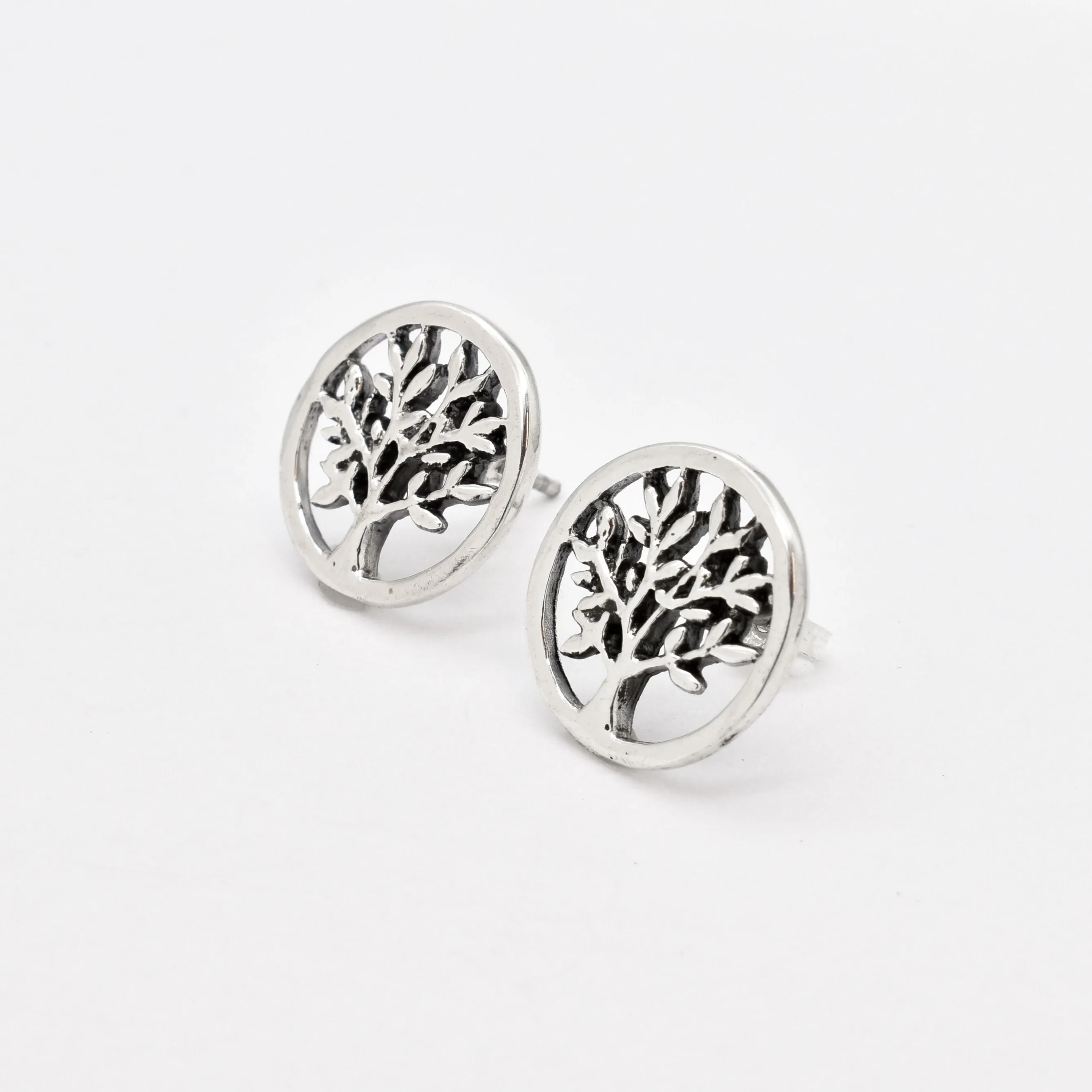 Round Silver Earrings - Tree Of Life Studs - Boho Silver Earrings