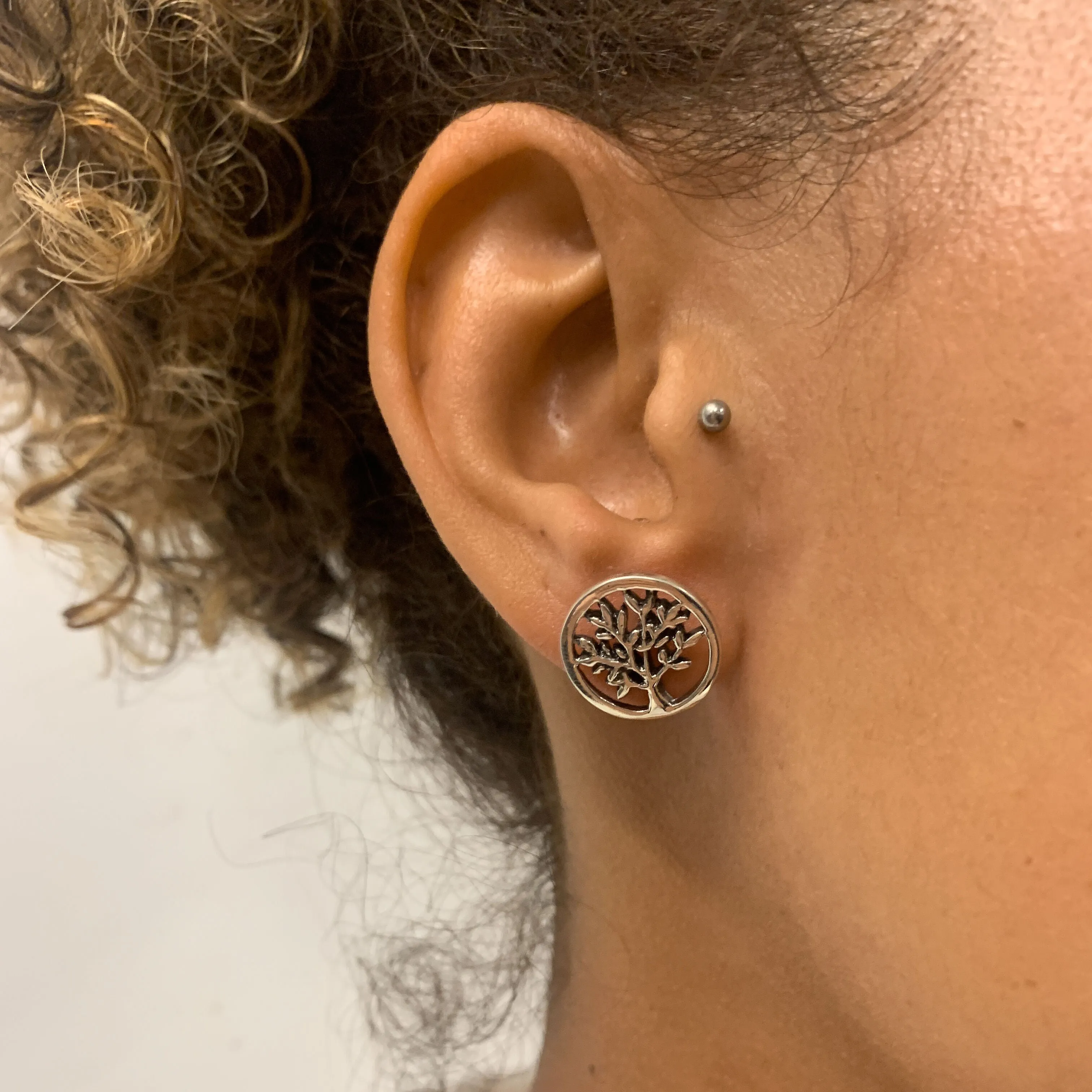 Round Silver Earrings - Tree Of Life Studs - Boho Silver Earrings