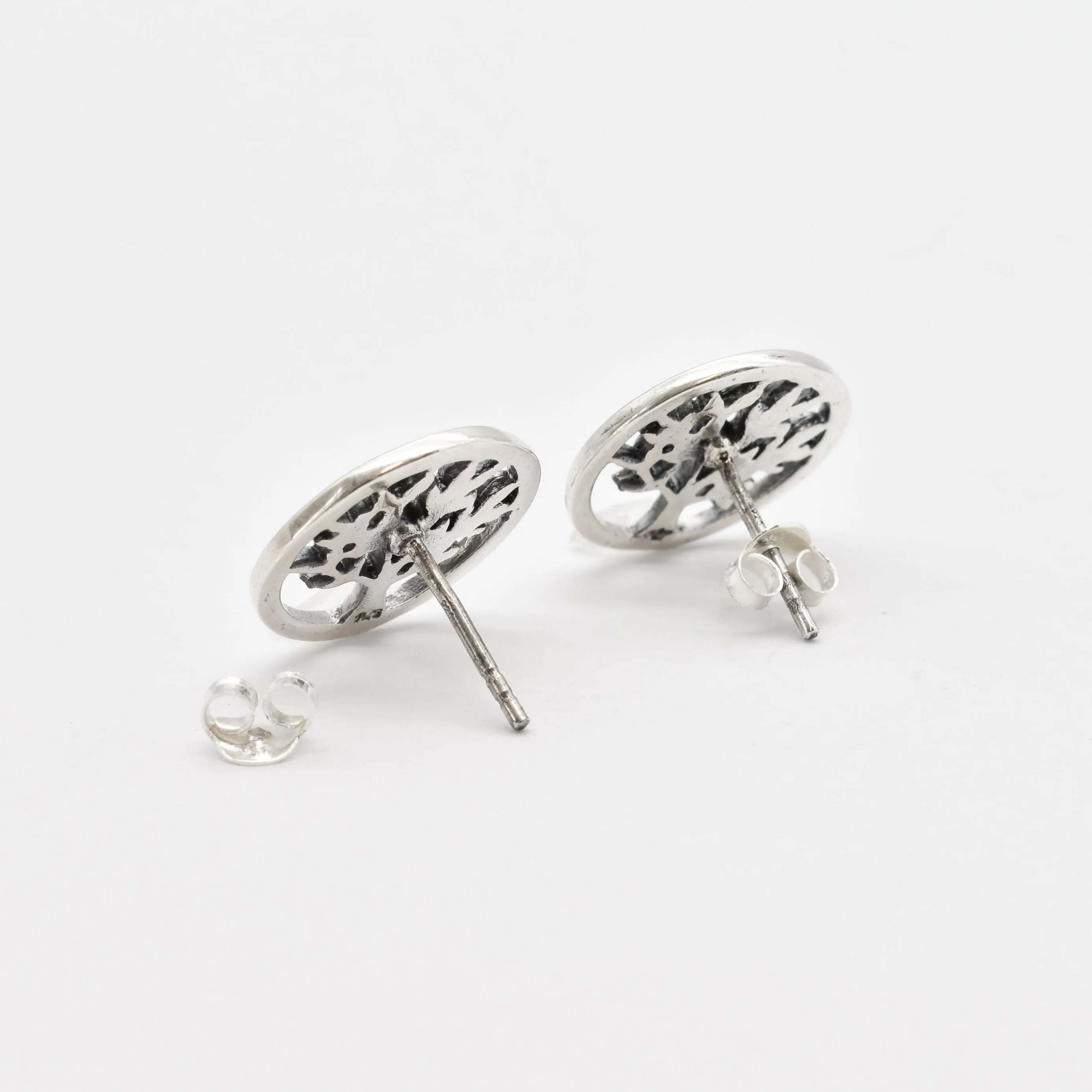 Round Silver Earrings - Tree Of Life Studs - Boho Silver Earrings