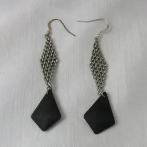 Seashore Inspired Black Sea Glass & Silver Mesh Drop Earrings