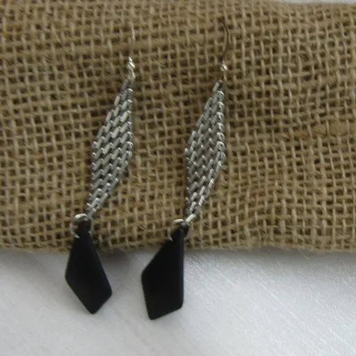 Seashore Inspired Black Sea Glass & Silver Mesh Drop Earrings