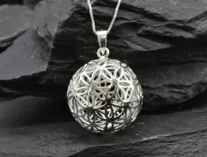 Silver Ball Pendant - Silver Floral Necklace - Flower of Life