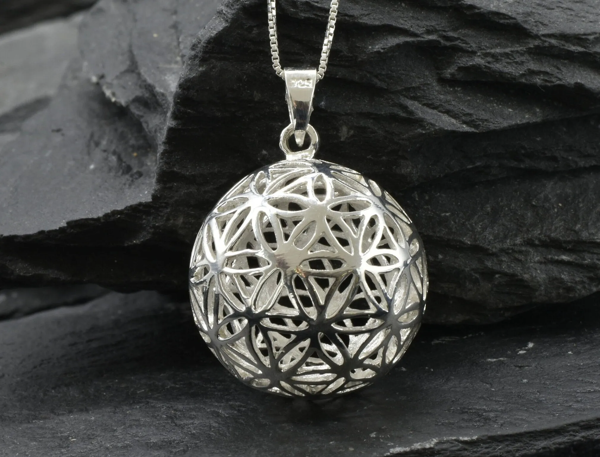 Silver Ball Pendant - Silver Floral Necklace - Flower of Life