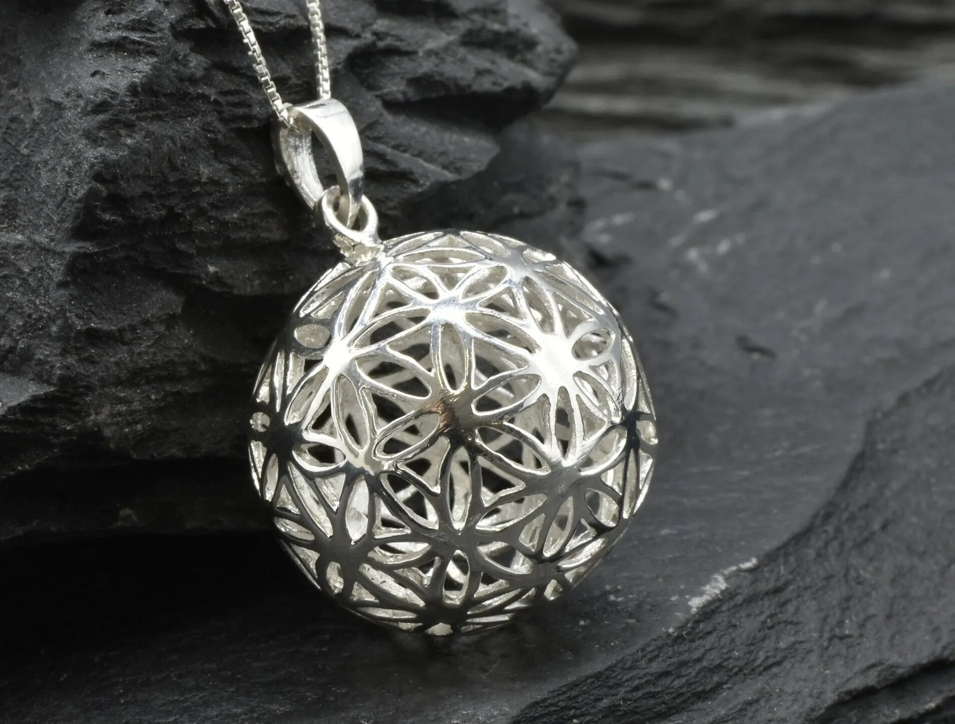 Silver Ball Pendant - Silver Floral Necklace - Flower of Life