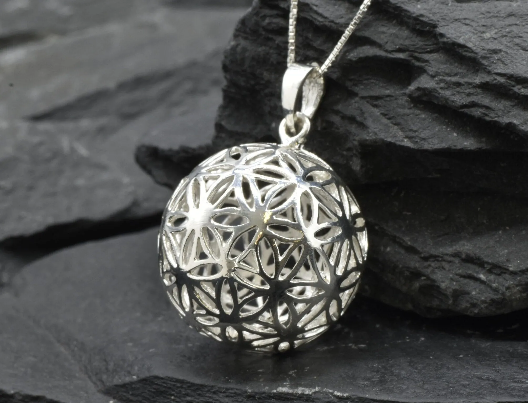 Silver Ball Pendant - Silver Floral Necklace - Flower of Life