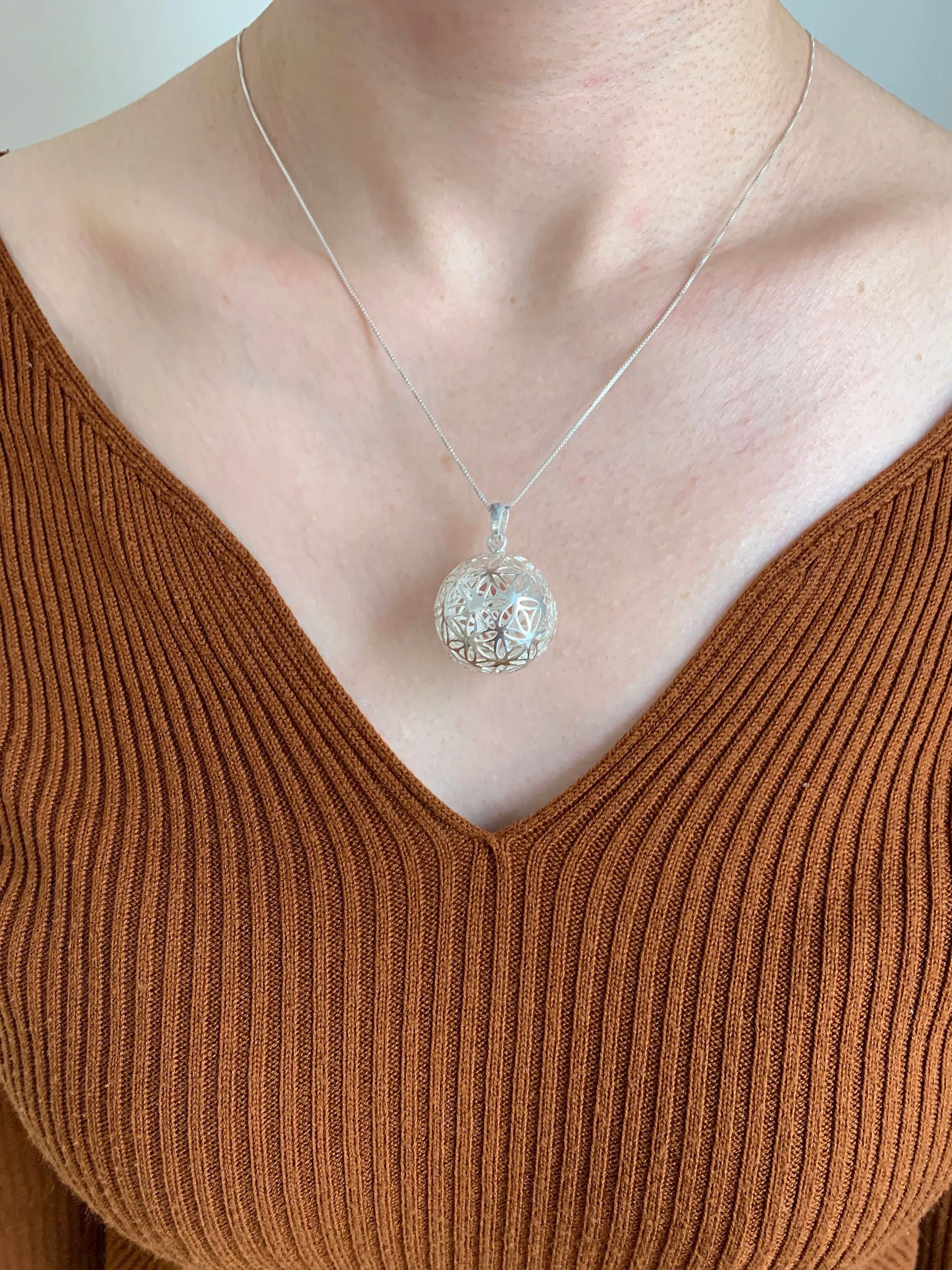 Silver Ball Pendant - Silver Floral Necklace - Flower of Life