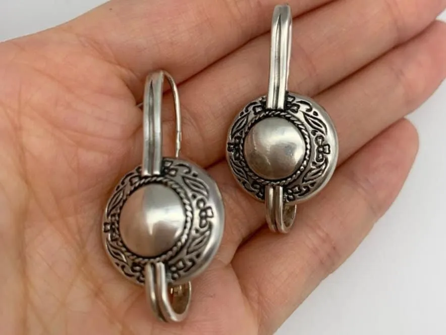 Silver Button Earrings - Vintage Button Earrings - Drop Button Earrings