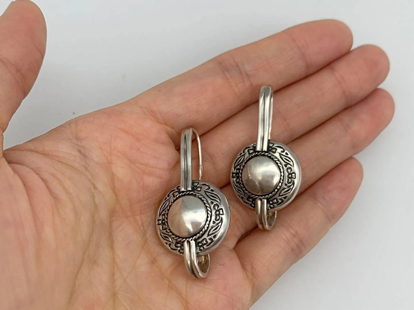 Silver Button Earrings - Vintage Button Earrings - Drop Button Earrings