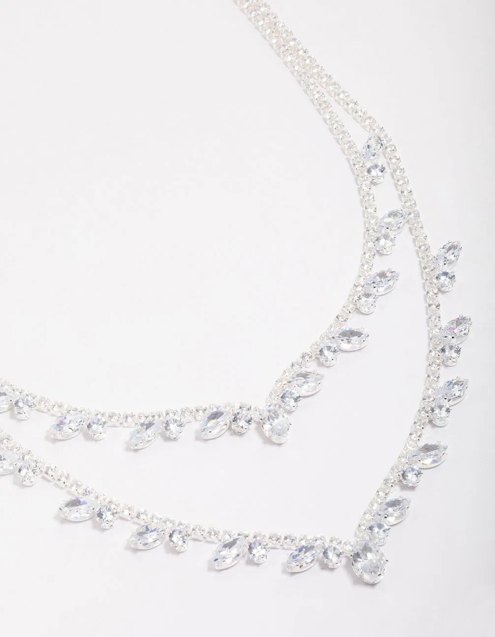 Silver Cubic Zirconia Double Layer Pear Stone Necklace