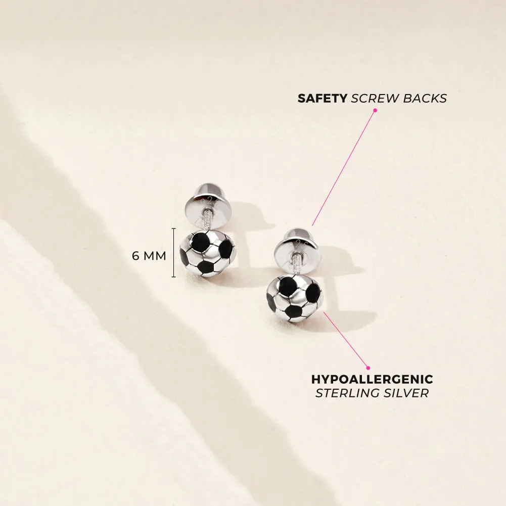 Soccer Ball Kids / Children's / Girls Earrings Screw Back Enamel - Sterling Silver