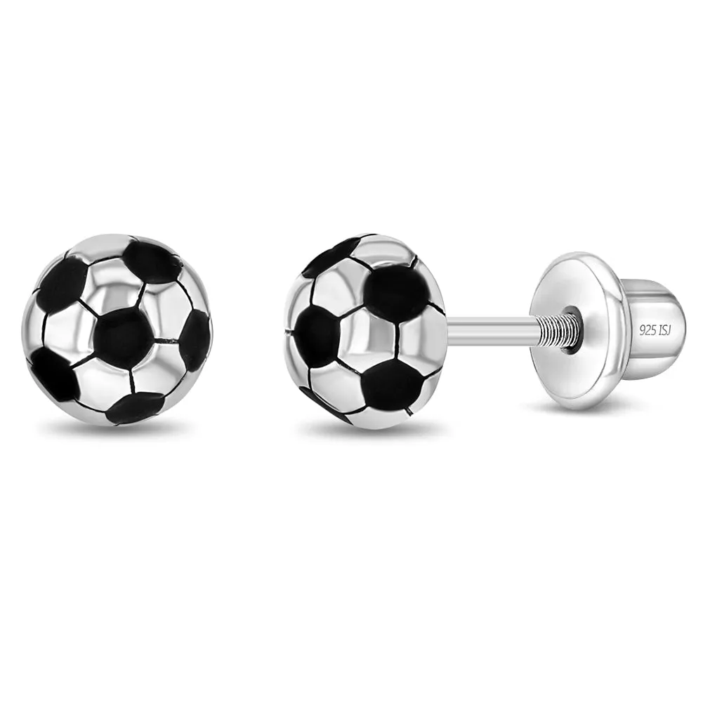 Soccer Ball Kids / Children's / Girls Earrings Screw Back Enamel - Sterling Silver