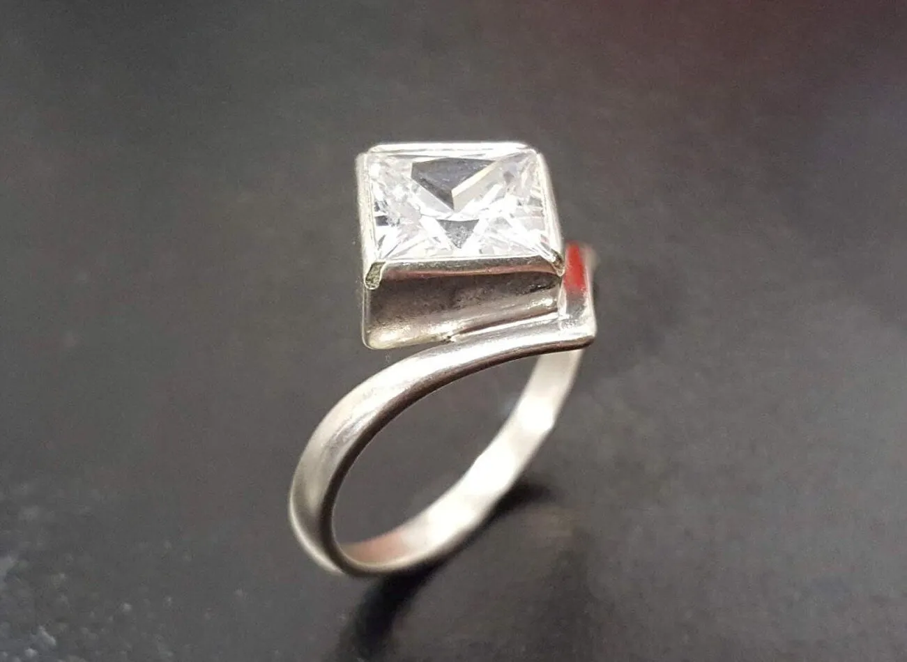 Square Created CZ Diamond Ring - Princess Cut Ring - Asymmetric Silver Ring