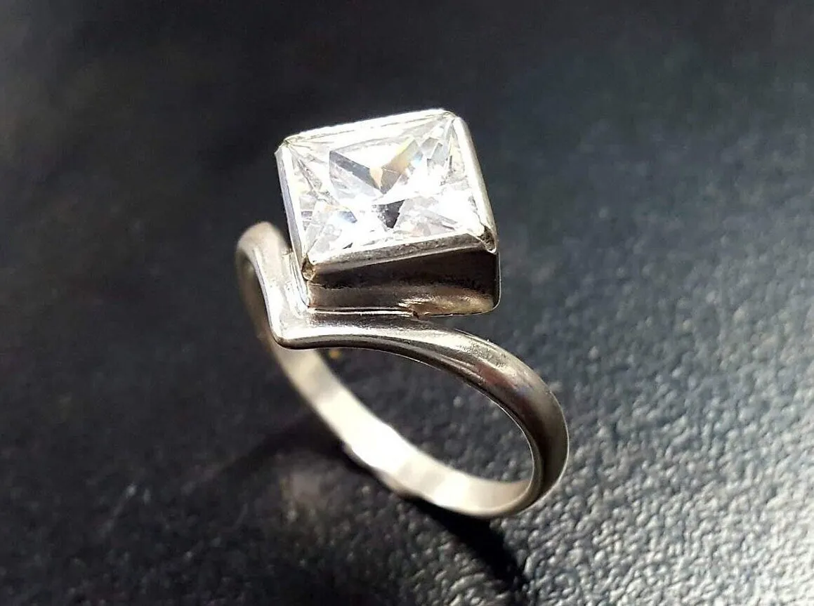 Square Created CZ Diamond Ring - Princess Cut Ring - Asymmetric Silver Ring