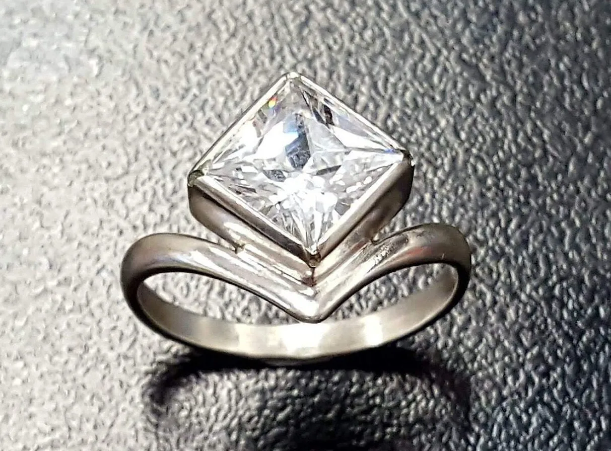 Square Created CZ Diamond Ring - Princess Cut Ring - Asymmetric Silver Ring