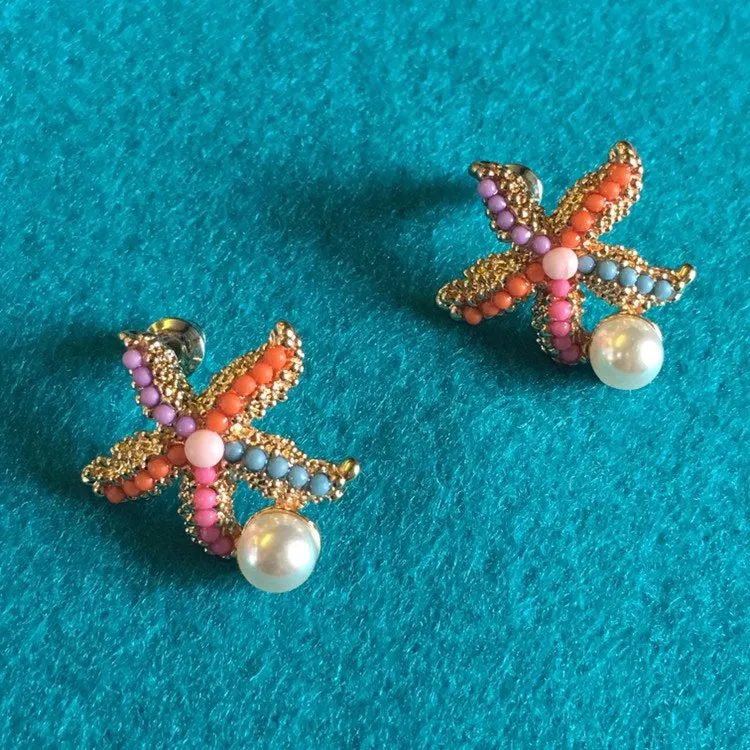 Starfish stud earrings multi coloured or pearl