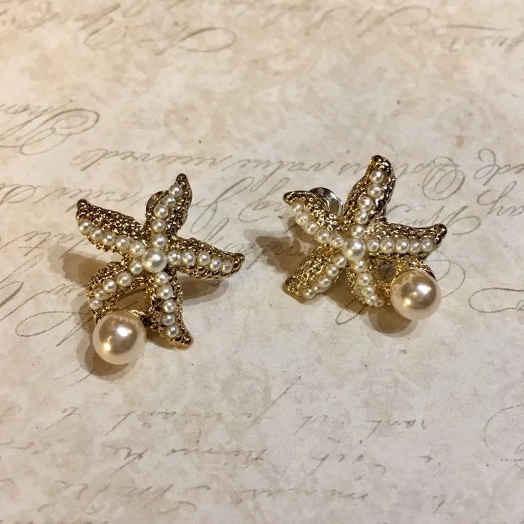 Starfish stud earrings multi coloured or pearl