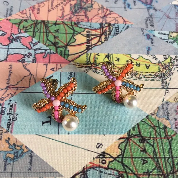 Starfish stud earrings multi coloured or pearl