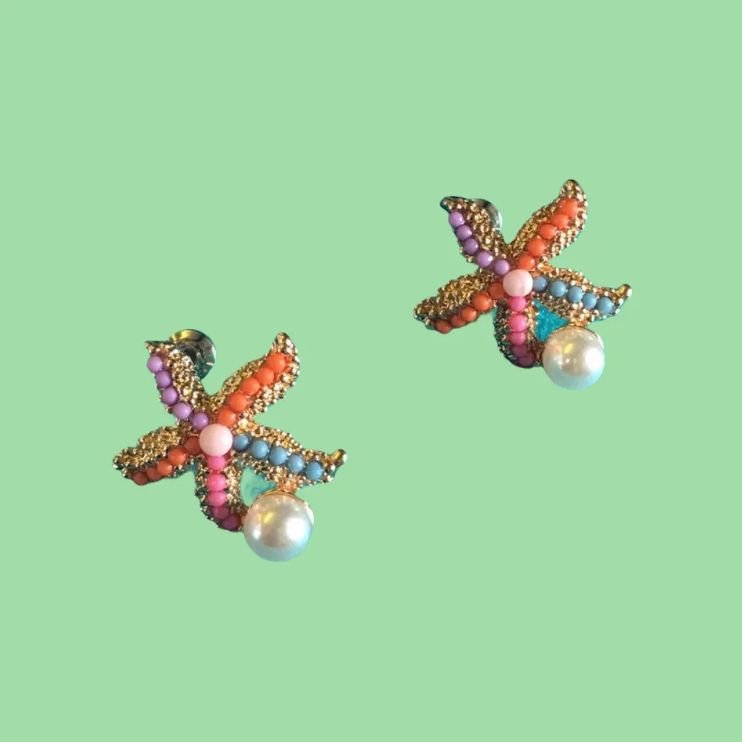 Starfish stud earrings multi coloured or pearl