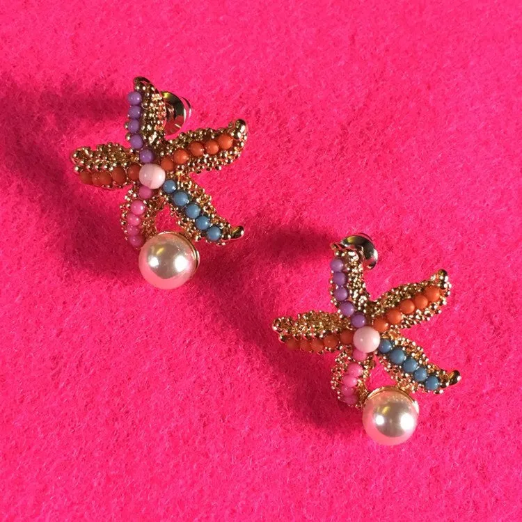 Starfish stud earrings multi coloured or pearl