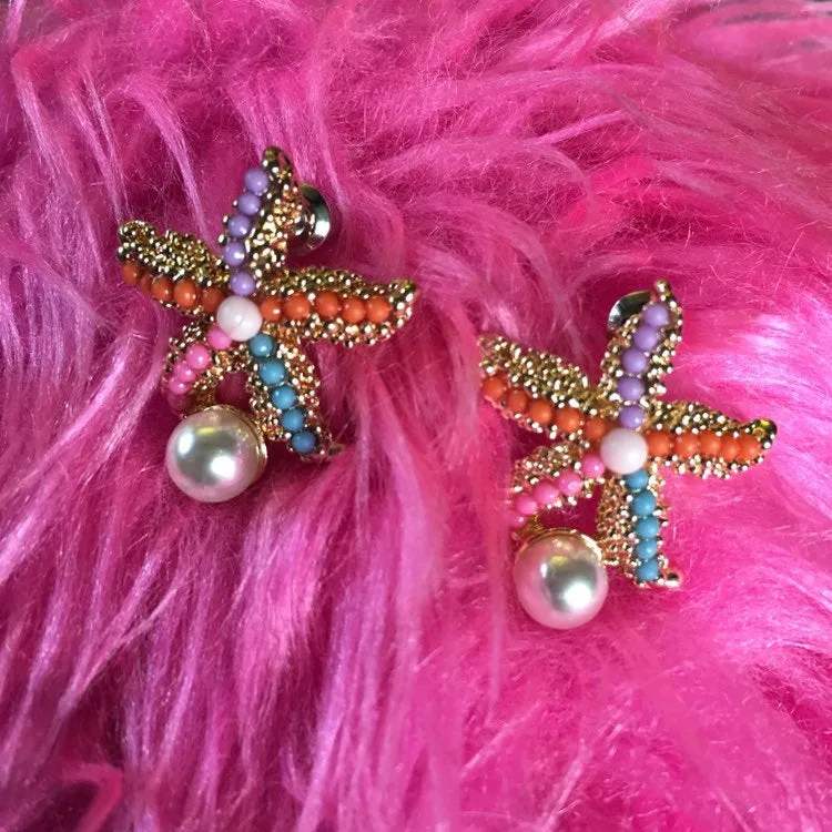 Starfish stud earrings multi coloured or pearl