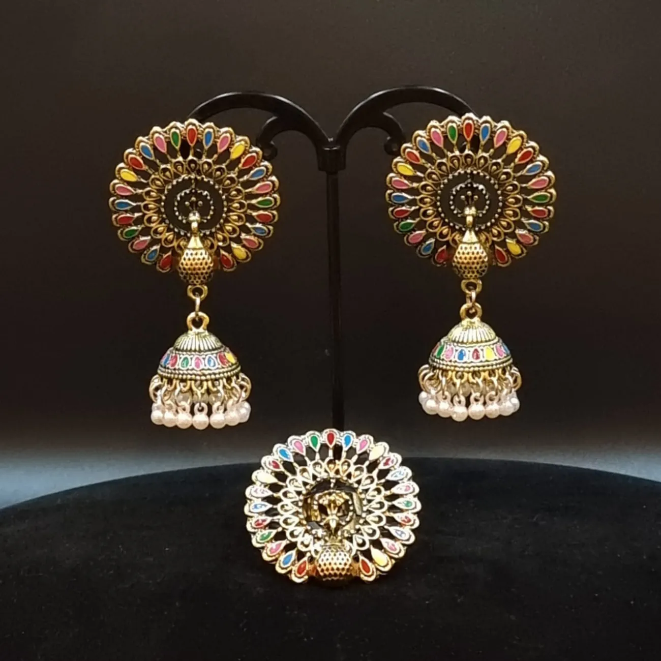 Studs Ethnic Style Hollow Out Hoop Bells Dangle Drop Peacock Tassel Earring and ring