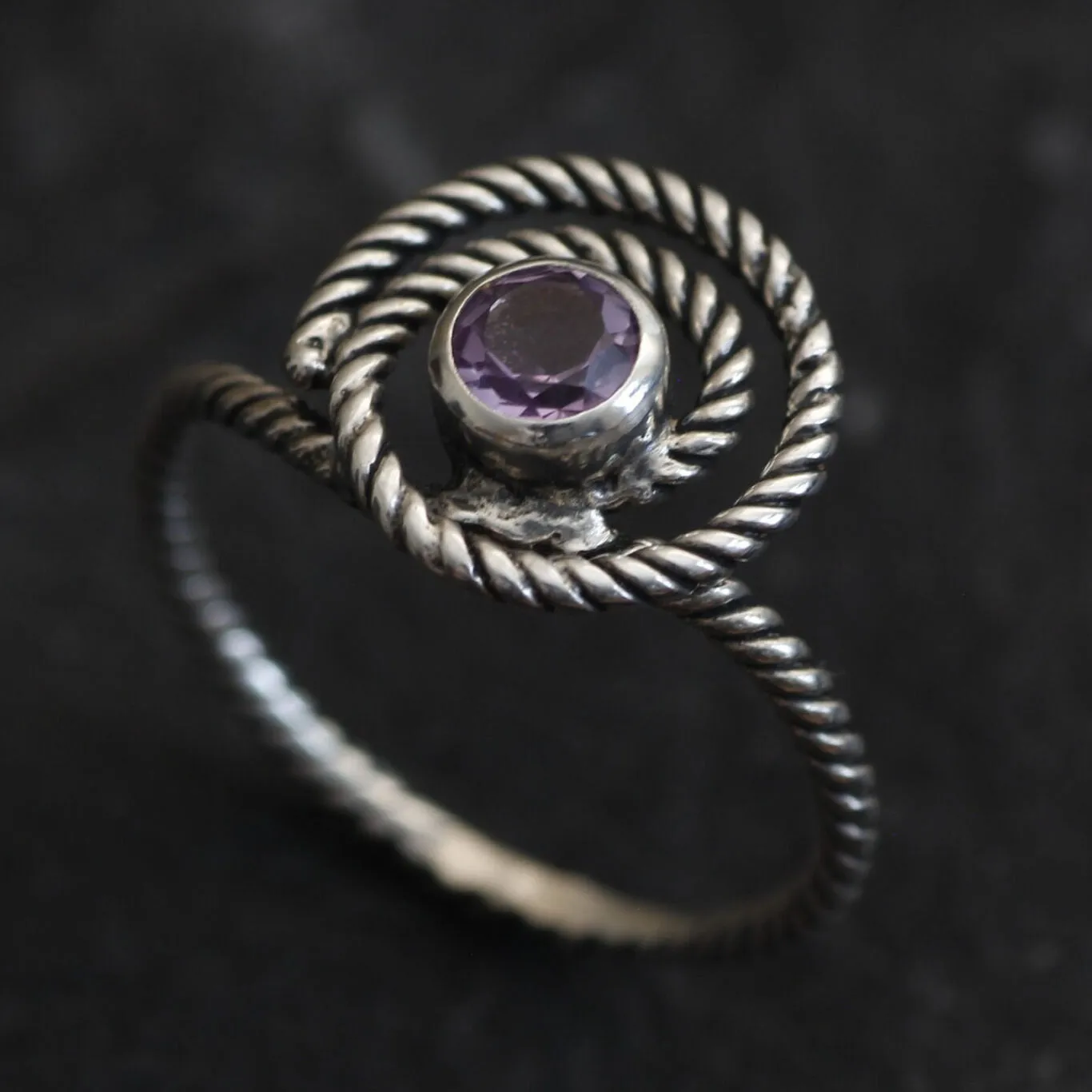 Swirl Amethyst Ring - Spiral Purple Ring - Twisted Silver Band