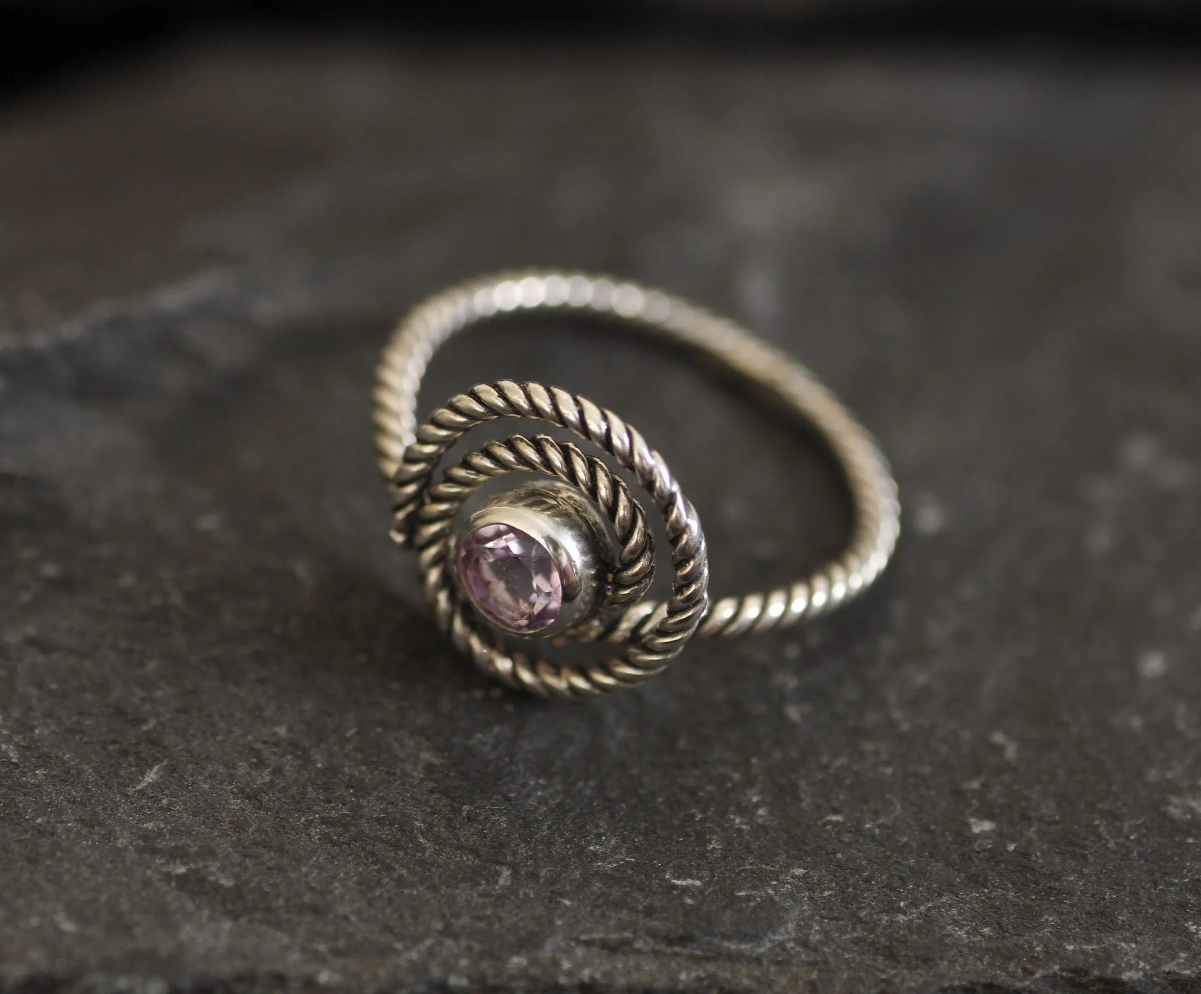 Swirl Amethyst Ring - Spiral Purple Ring - Twisted Silver Band