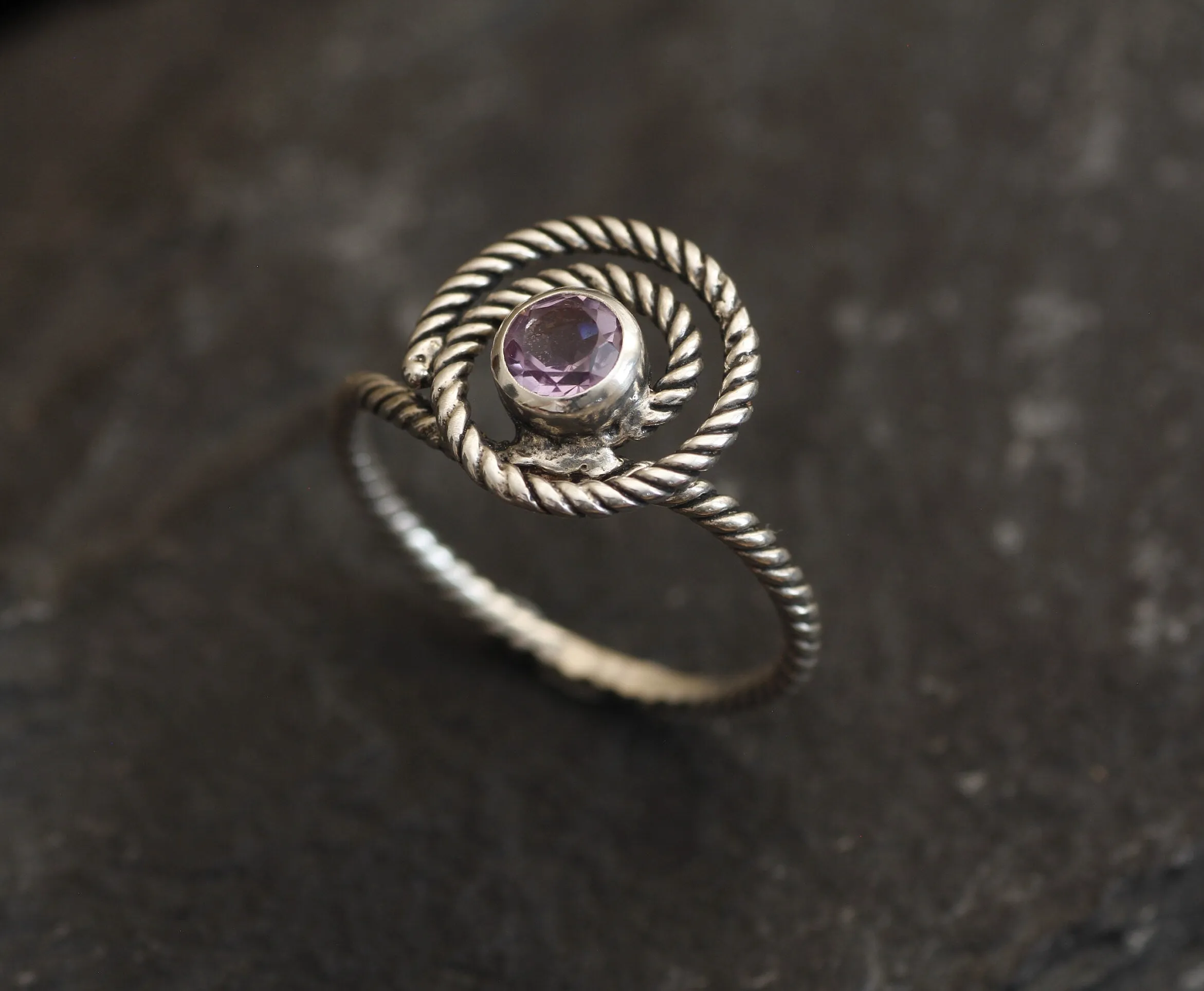 Swirl Amethyst Ring - Spiral Purple Ring - Twisted Silver Band