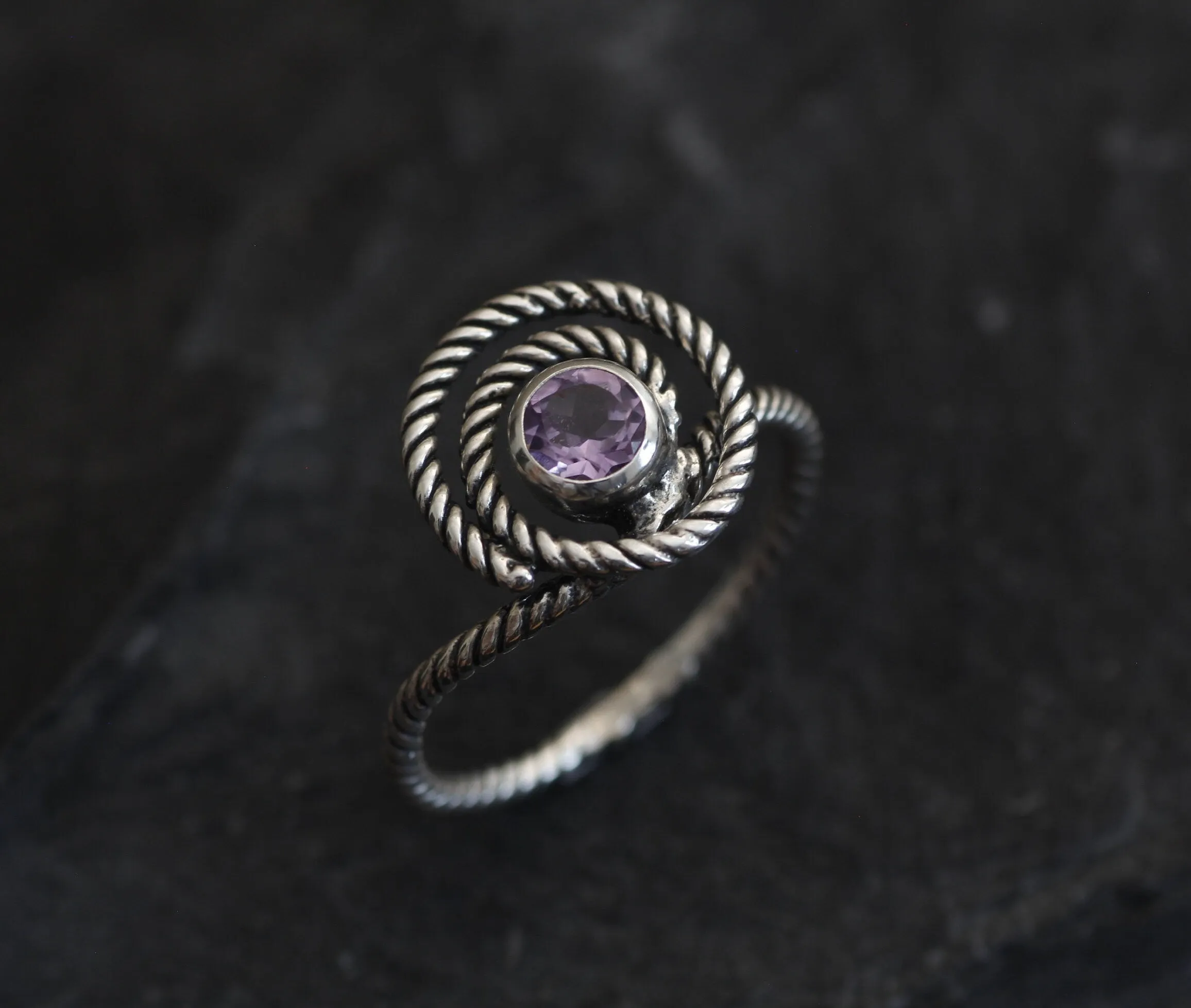 Swirl Amethyst Ring - Spiral Purple Ring - Twisted Silver Band