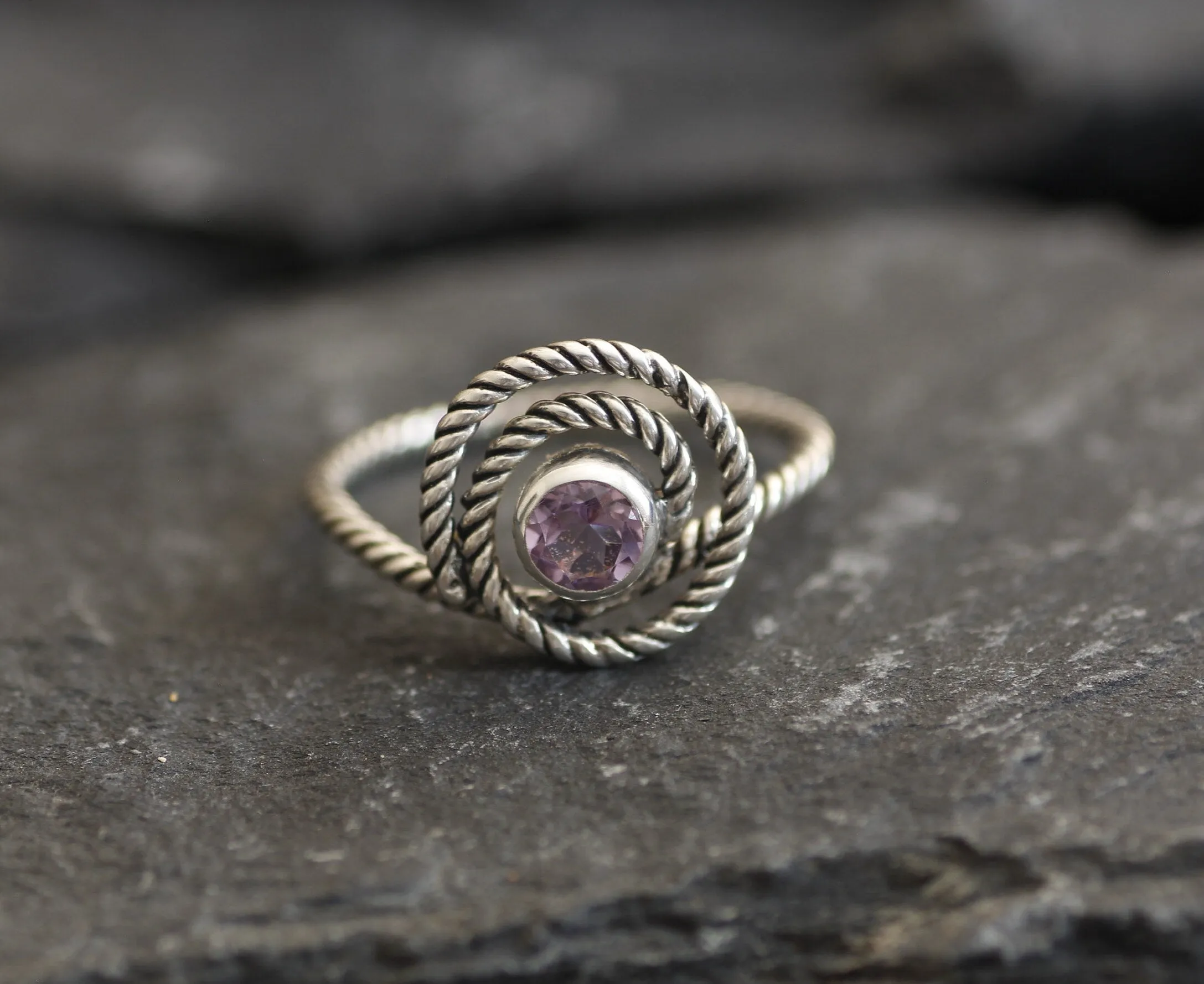 Swirl Amethyst Ring - Spiral Purple Ring - Twisted Silver Band