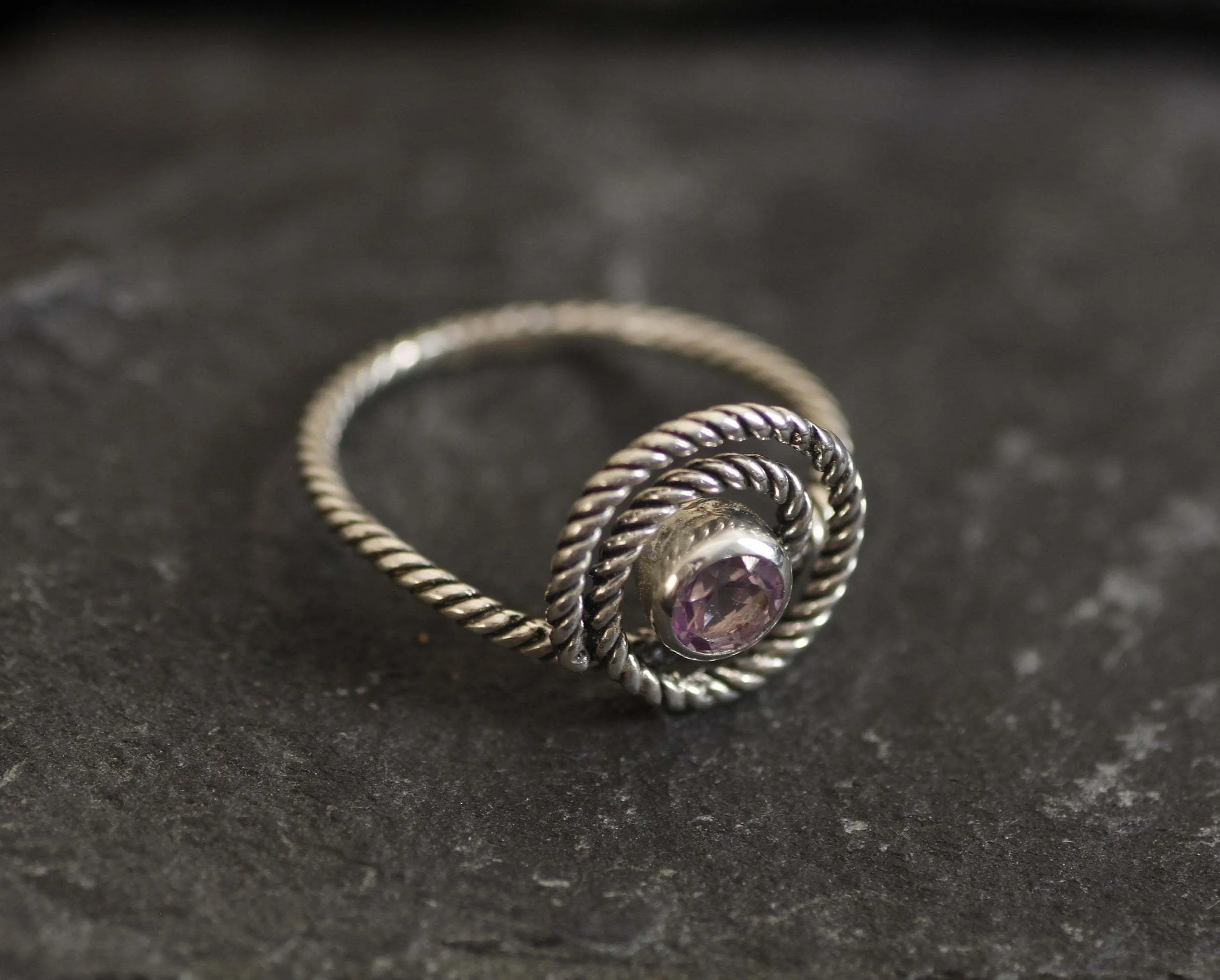 Swirl Amethyst Ring - Spiral Purple Ring - Twisted Silver Band