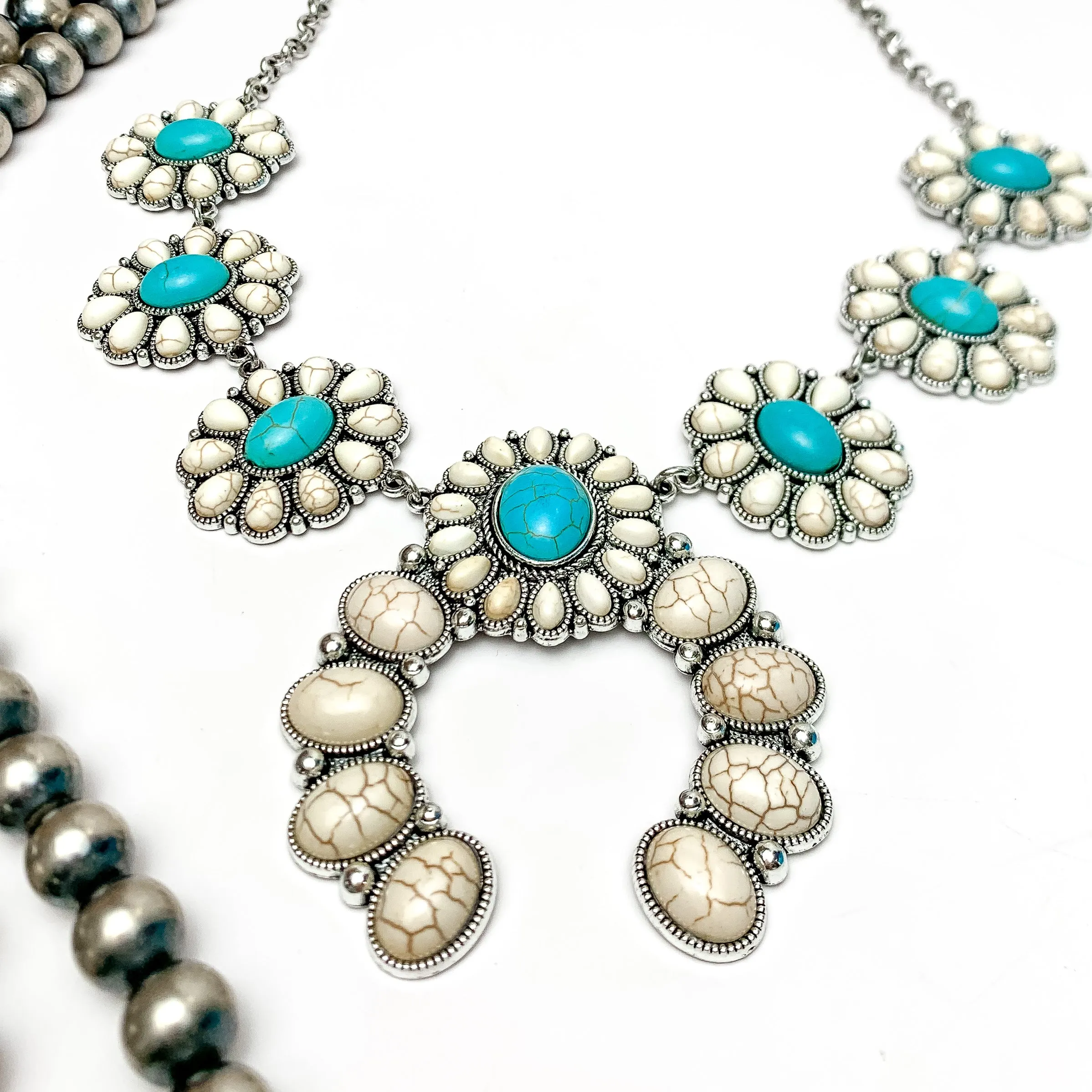 The Western Way Squash Blossom Necklace in Turquoise Blue and Ivory