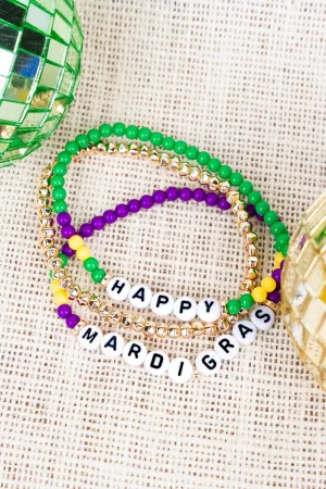 Tiled Letter 'Happy Mardi Gras' Beaded Bracelet Set